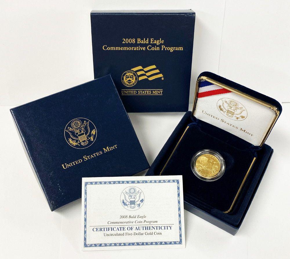 2008-W Proof $5 Gold Bald Eagle Commem Coin w/ Box&COA: 2008-W Proof $5 Gold Bald Eagle Commemorative Coin With Box & COAWinner shall receive the exact set shown here.