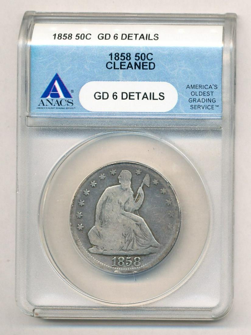 1858 Seated Liberty Silver Half Dollar Anacs GD 6 DET (1 of 2)
