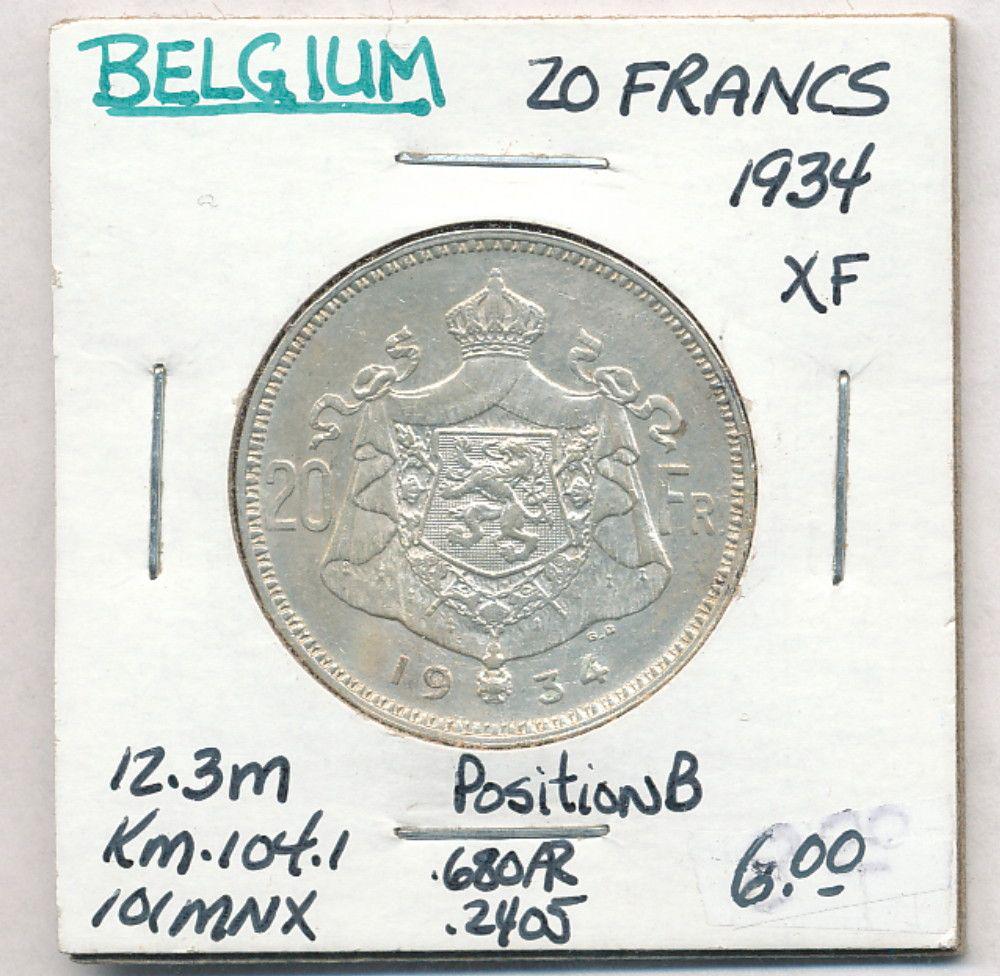 1934 Belgium 20 Francs 68% Silver Coin: Winner shall receive the exact coin shown here.