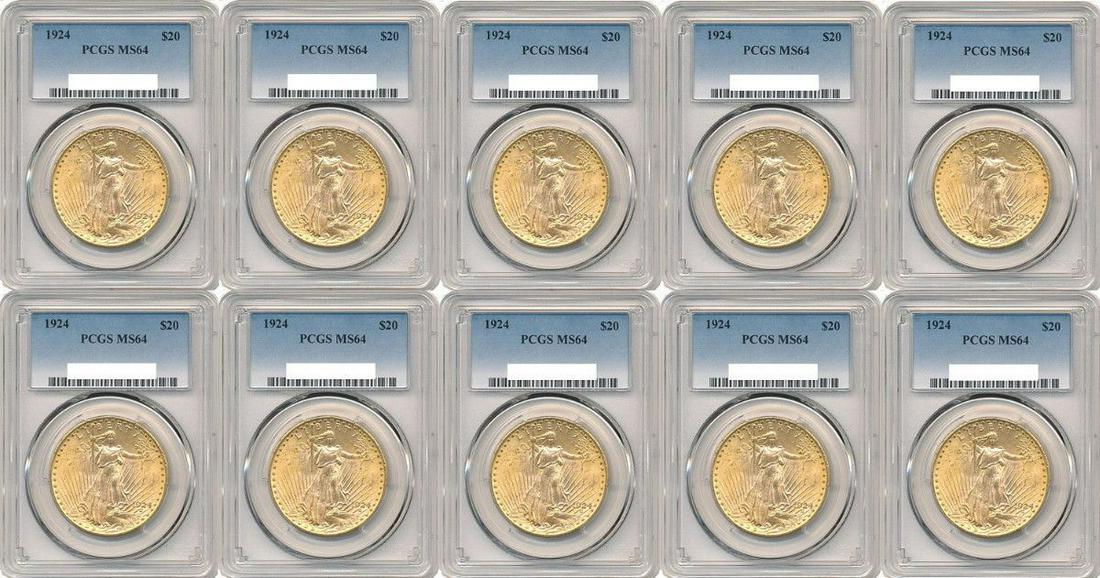 Ten (10) $20 Saint Gaudens Gold PCGS MS64: Winner of auction shall receive a Lot of (10-coins) $20.00 Gold Saint Gaudens, precisely resembling the coins shown in pictures. Note: This is a stock photo - Your Ten (10-coins) will be hand-picked a