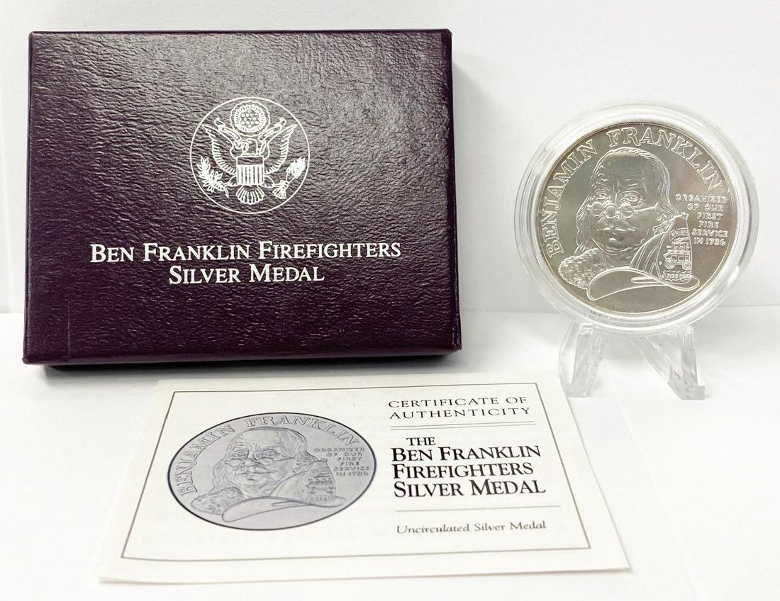 1992-P Ben Franklin Firefighters 1oz Silver Medal UNC (1 of 3)