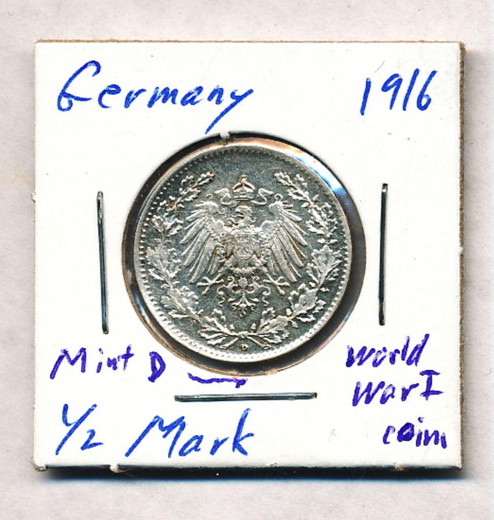 1916 Germany 1/2 Mark 90% Silver Coin (1 of 2)