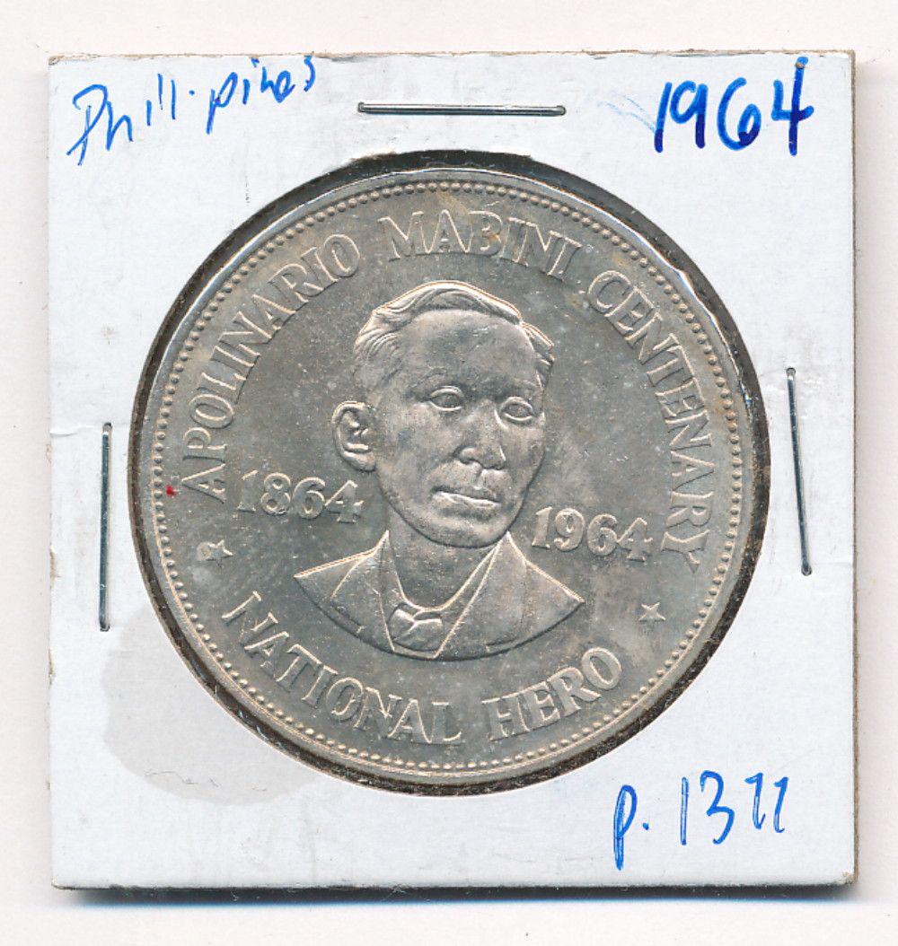 1964 Philippines Apolinario Mabini 90% Silver One Peso (1 of 2)