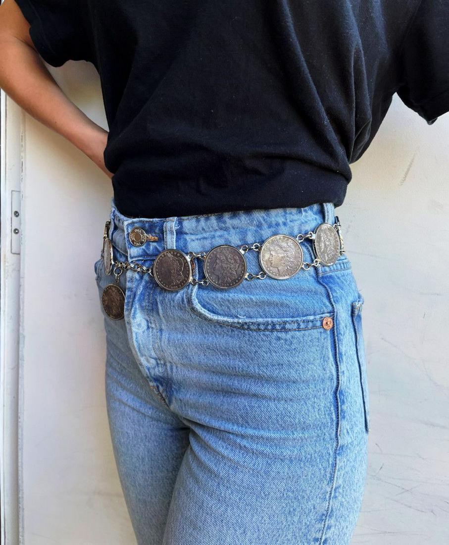 (16-coin) Morgan Silver Dollar Belt: DISCLAIMER** This belt does not come with the 6 foot blonde shown here. Winner shall receive the exact (16-coin) belt shown here. (EM/B)
