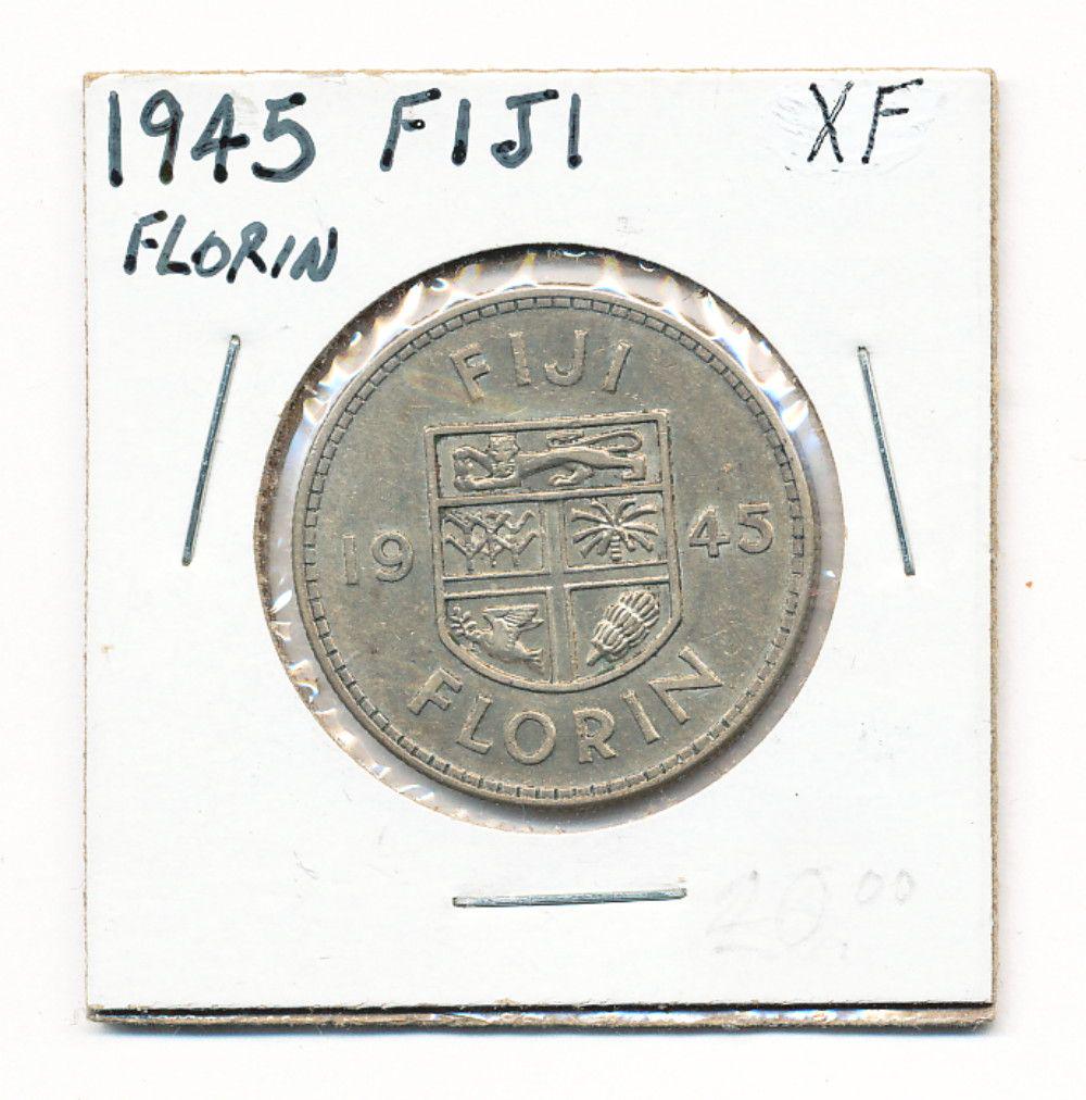 1945 Fiji 1 Florin Silver Coin: Winner shall receive the exact coin shown here. (EM)