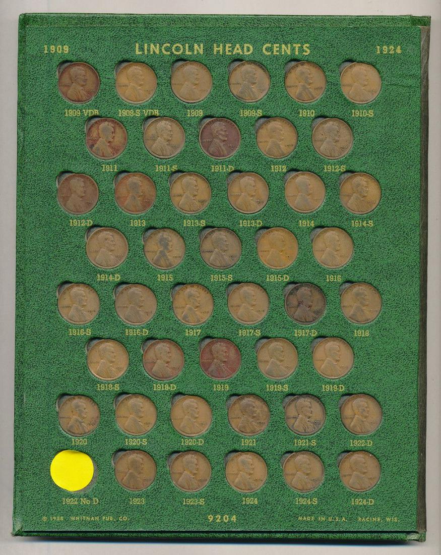 Complete Lincoln Album 1909-S-V.D.B.--1971-S: Coin Grades:1909-S-V.D.B. VF; 1909-S XF; 1911-S Fine; 1911-D AU; 1914-S XF; 1914-D VG; 1922-D Weak "D." Winner shall receive the exact (169) coins shown here. (IS/B)