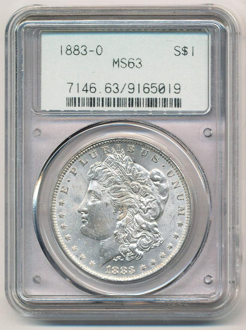 1883-O Morgan Silver Dollar OGH PCGS MS63: This coin was certified sometime shortly after PCGS began opperating in 1986.Winner shall recieve the exact coin shown here. (EM/OR)