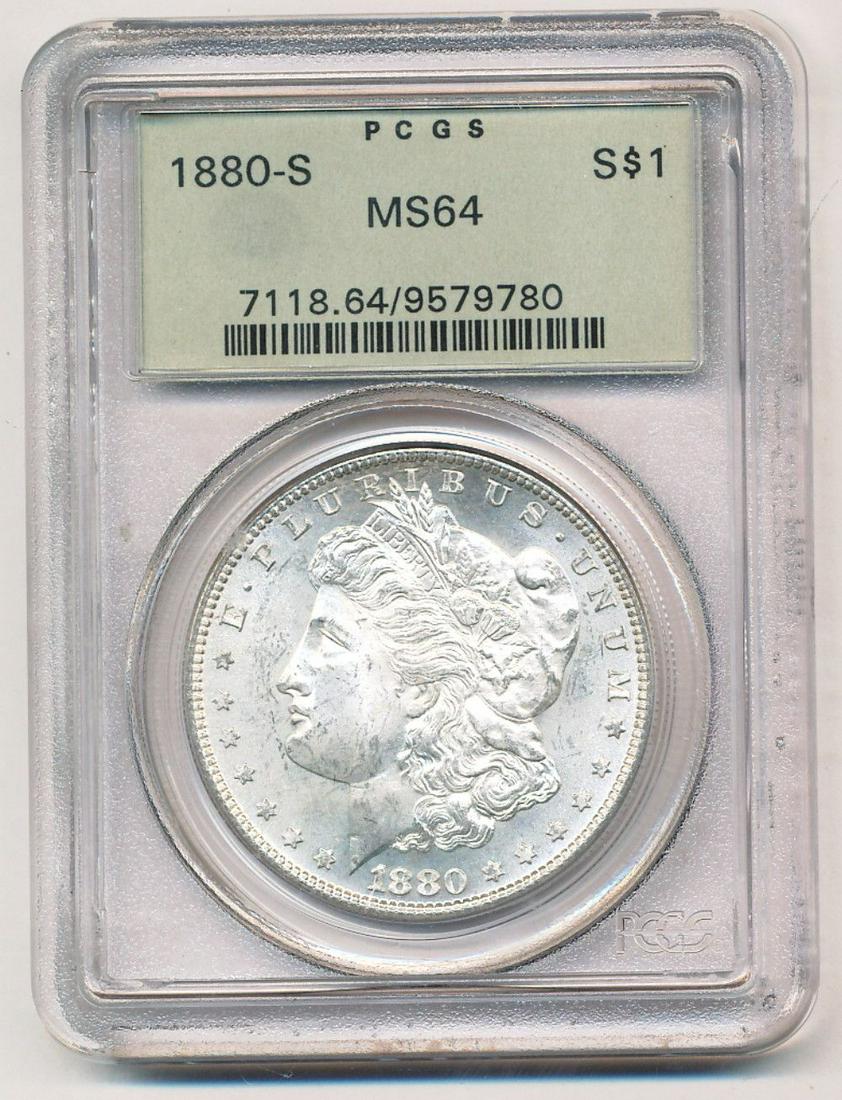 1880-S Morgan Silver Dollar OGH PCGS MS64: This coin was certified sometime shortly after PCGS began opperating in 1986.Winner shall recieve the exact coin shown here. (EM/IR)