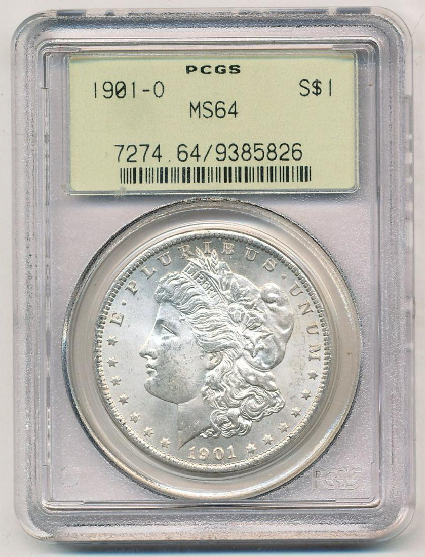 1901-O Morgan Silver Dollar OGH PCGS MS64: This coin was certified sometime shortly after PCGS began opperating in 1986.Winner shall recieve the exact coin shown here. (EM/IR)