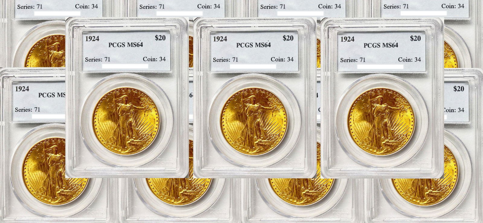 Ten (10) $20 Saint Gaudens Gold PCGS MS64: Winner of auction shall receive a lot of (10-coins) $20.00 Gold Saint Gaudens, precisely resembling the coins shown in pictures. NOTE: This is a stock photo - Your Ten (10-coins) will be hand-picked a