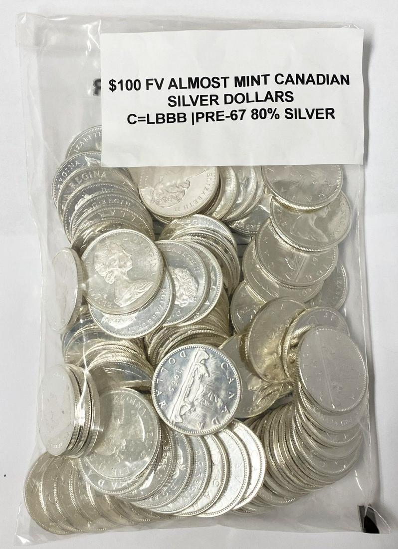 $100FV Sealed Almost Mint 80% Canadian Silver Dollars (1 of 7)