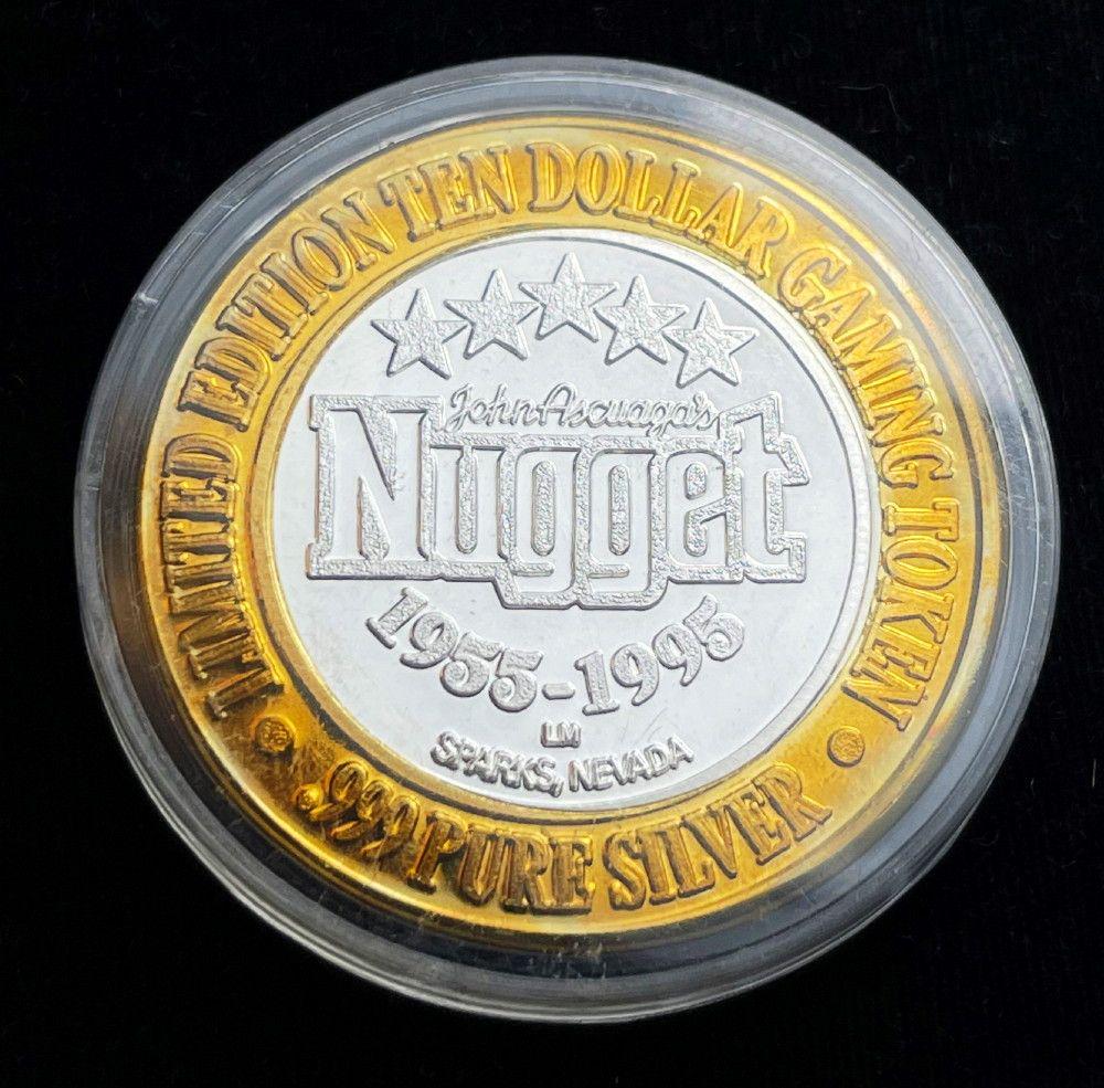 Rare Collectable Johns Nugget .999 Slvr $10 Gaming Coin: Rare Collectable "John Ascuagas Nugget" .999 Fine Silver $10 Gaming CoinWinner shall receive the exact coin shown here. (EM/LB)
