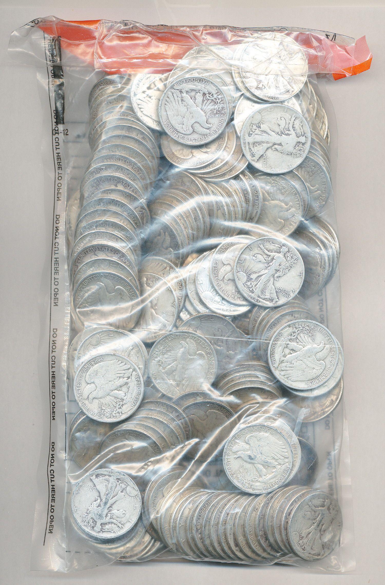 $100 FV Sealed Evidence Bag 90% Silver Walkers 50C: This bag contains $100 Face Value or (200-coins). These are Walking Liberty 90% Silver Half Dollars minted between 1916 and 1947.
