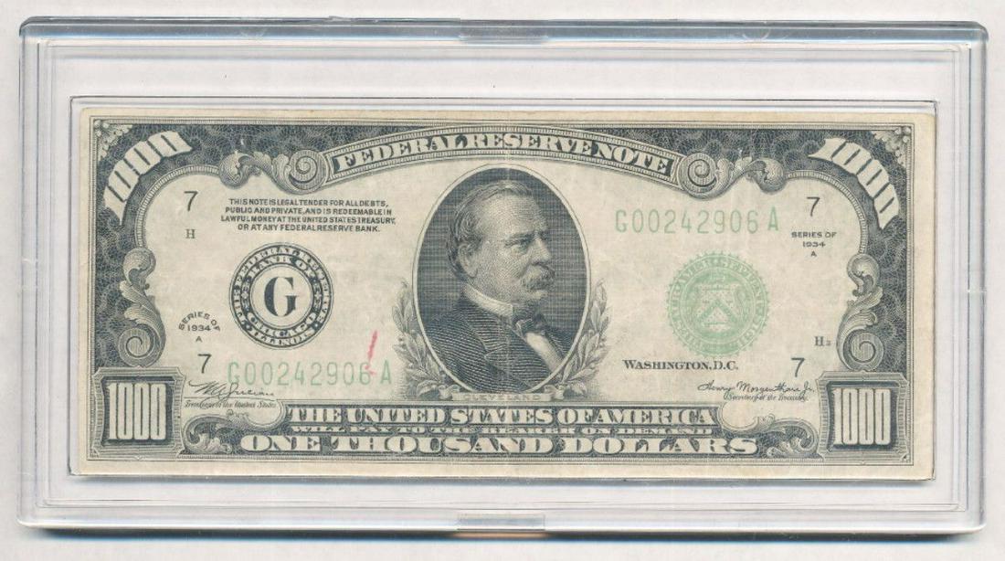 1934-A $1,000 Federal Reserve Note Chicago Fine: Winner shall receive the exact currency shown here. This $1,000 Federal Reserve Note comes protected inside of a plastic holder. Disclaimer: If you are bidding over the liveauctioneers platform, this 