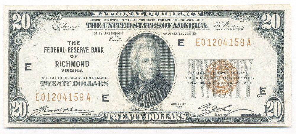 1929 National Currency Richmond $20 Note F/VF: Winner shall receive the exact note shown here. (SJ/UB)