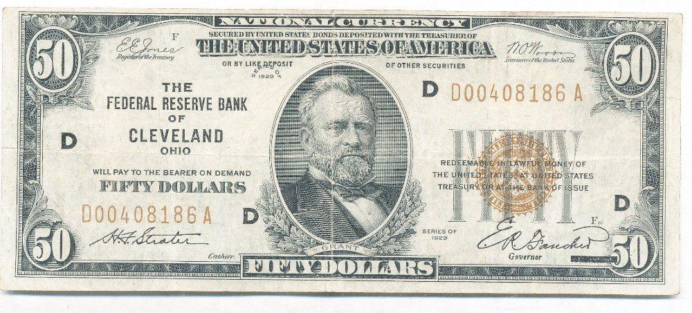 1929 National Currency Cleveland $50 Note VG/F: Winner shall receive the exact note shown here. (SJ/RB)
