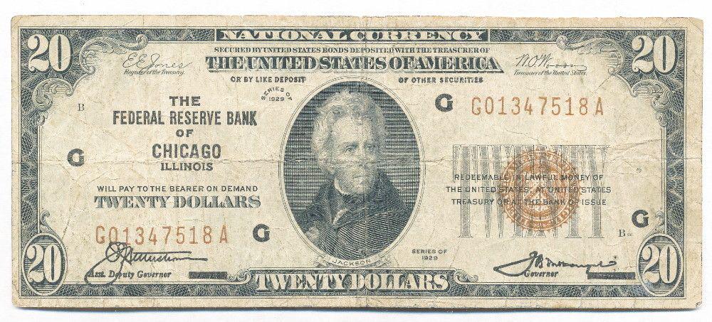 1929 United States National Currency Chicago $20 Note: Winner shall receive the exact item shown here. (SJ/UB)