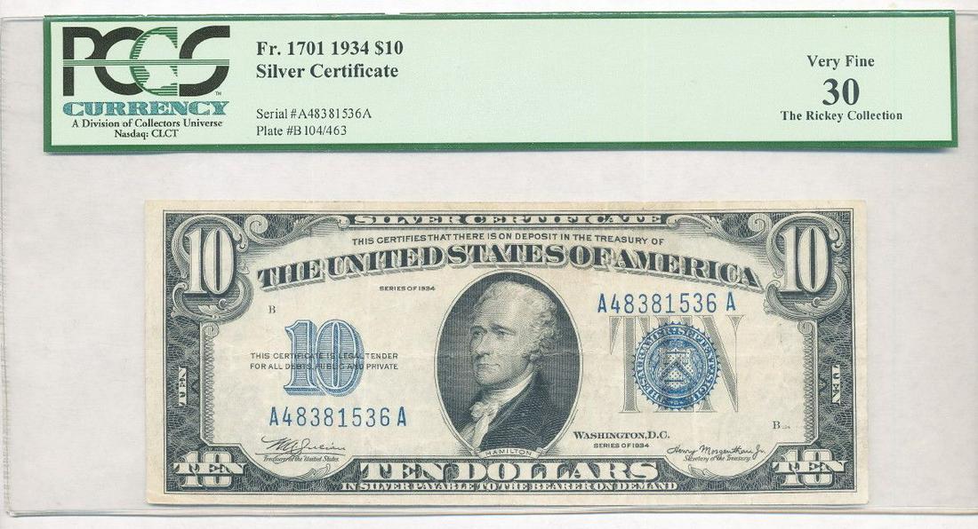 1934 United States Silver Certificate $10 Note PCGS VF (1 of 6)