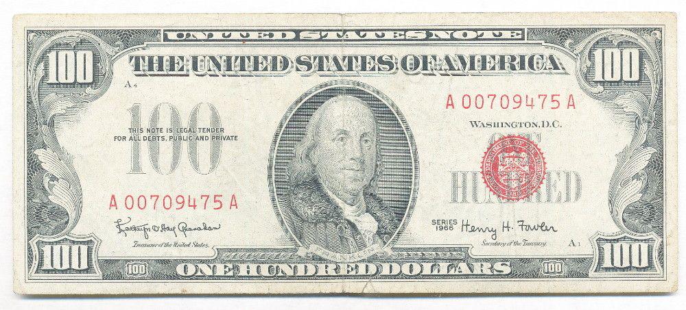 1966 United States Red Seal $100 Note VG (1 of 4)