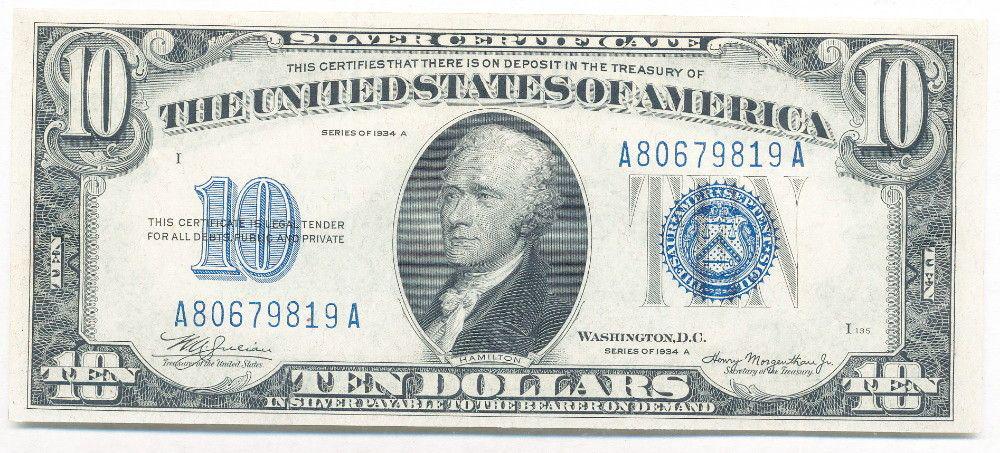 1934-A United States $10 Silver Certificate Almost Mint: Winner shall receive the exact item shown here. (SJ/LB)