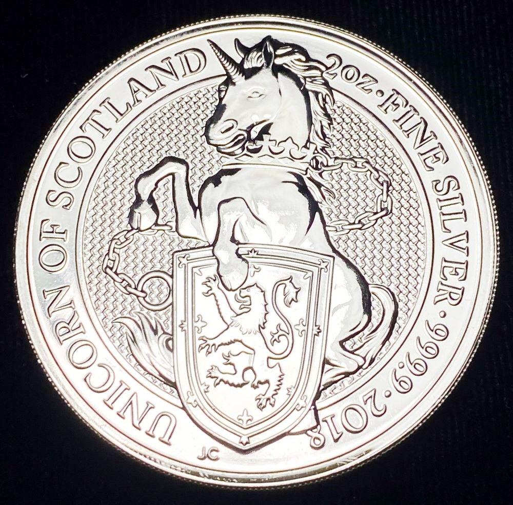 2018 Queen's Beasts 2 oz Silver Unicorn Of Scotland: Winner shall receive the exact coin shown here. (RR/B)