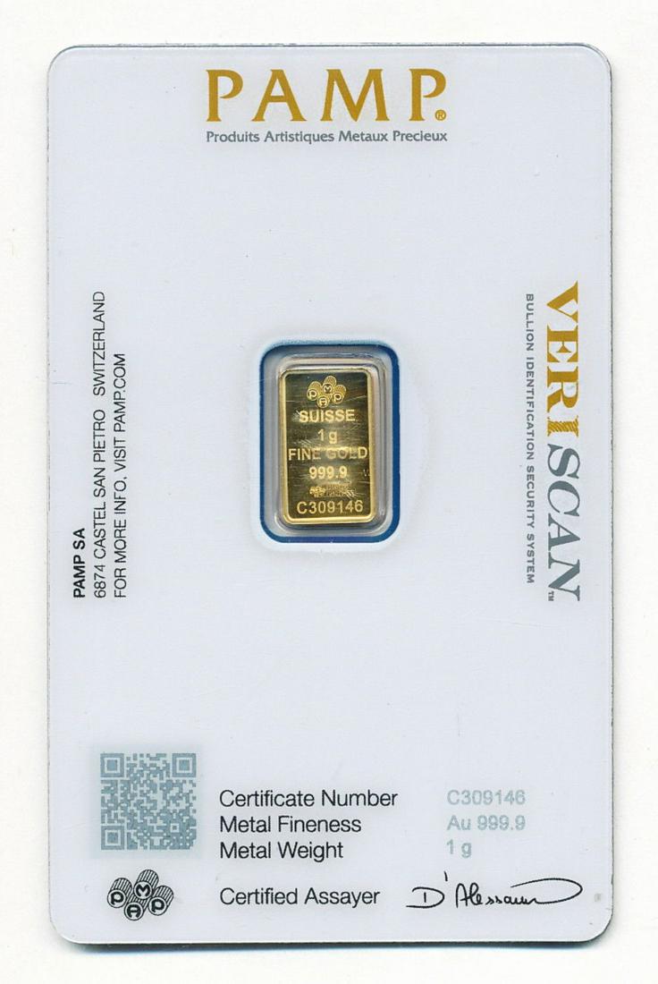 Pamp Suisse 1g Fine 999.9 Gold Bar: Winner shall receive the exact bar shown here. (EM/RB)