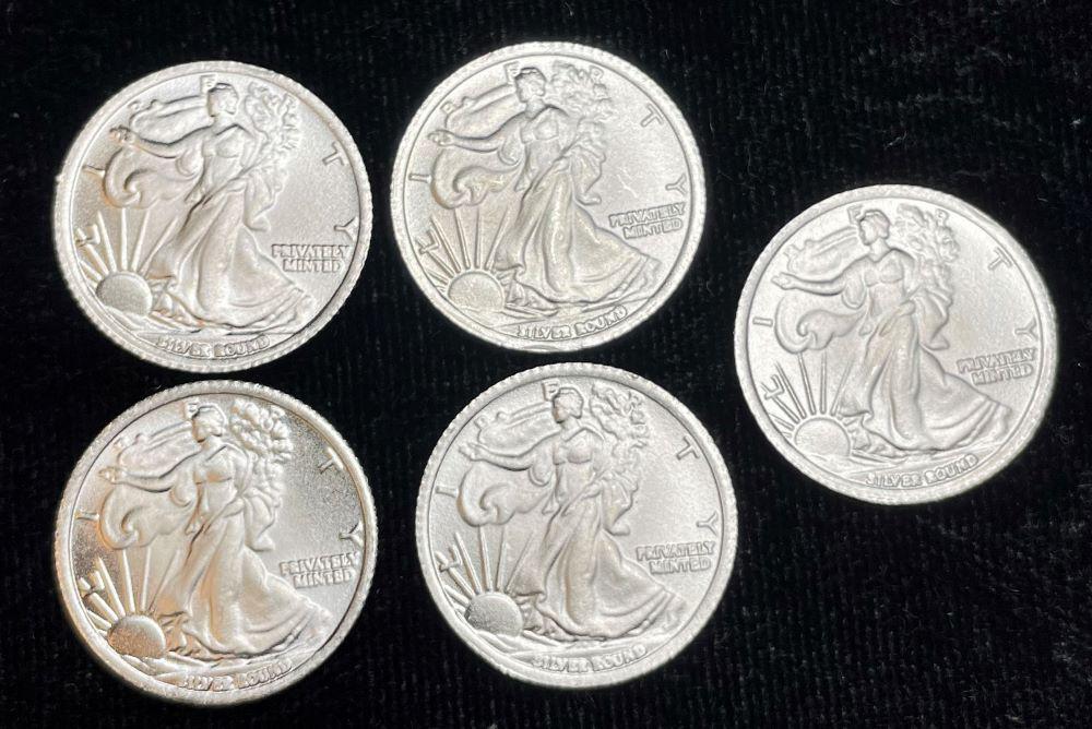 (5) Walking Liberty Design 1/10 oz Silver: Winner shall receive the exact coins (5) shown here. (JM/B)