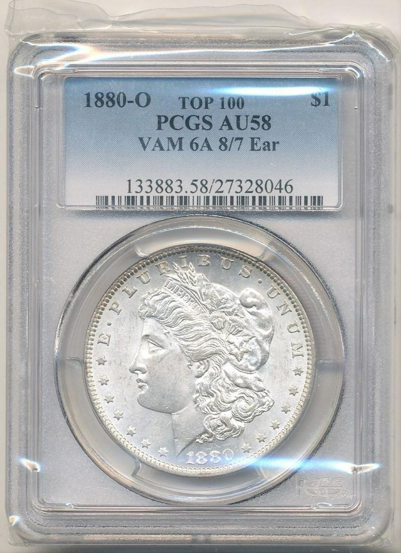 1880-O Morgan Slver $1 PCGS Top 100 AU58 VAM 6A 8/7 Ear (1 of 2)