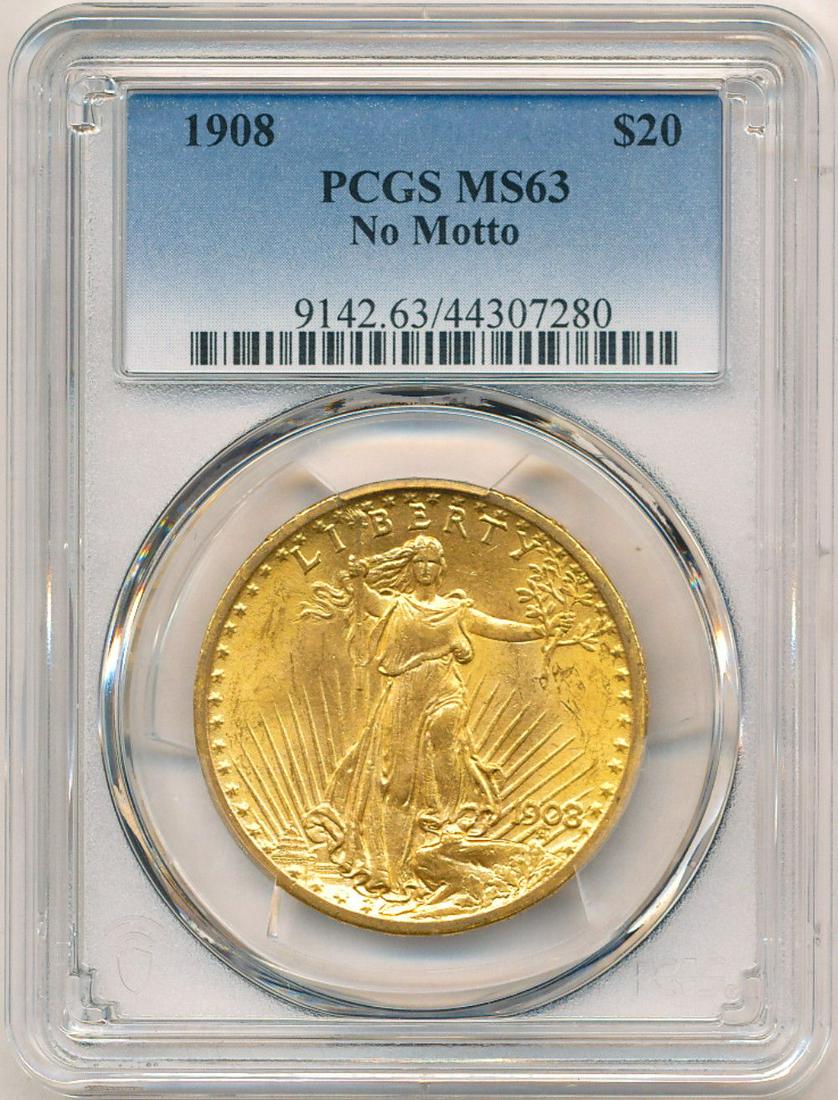 1908 $20 Gold St. Gaudens PCGS MS63 No Motto: Winner shall receive the exact coin shown here. (IS/LTER)