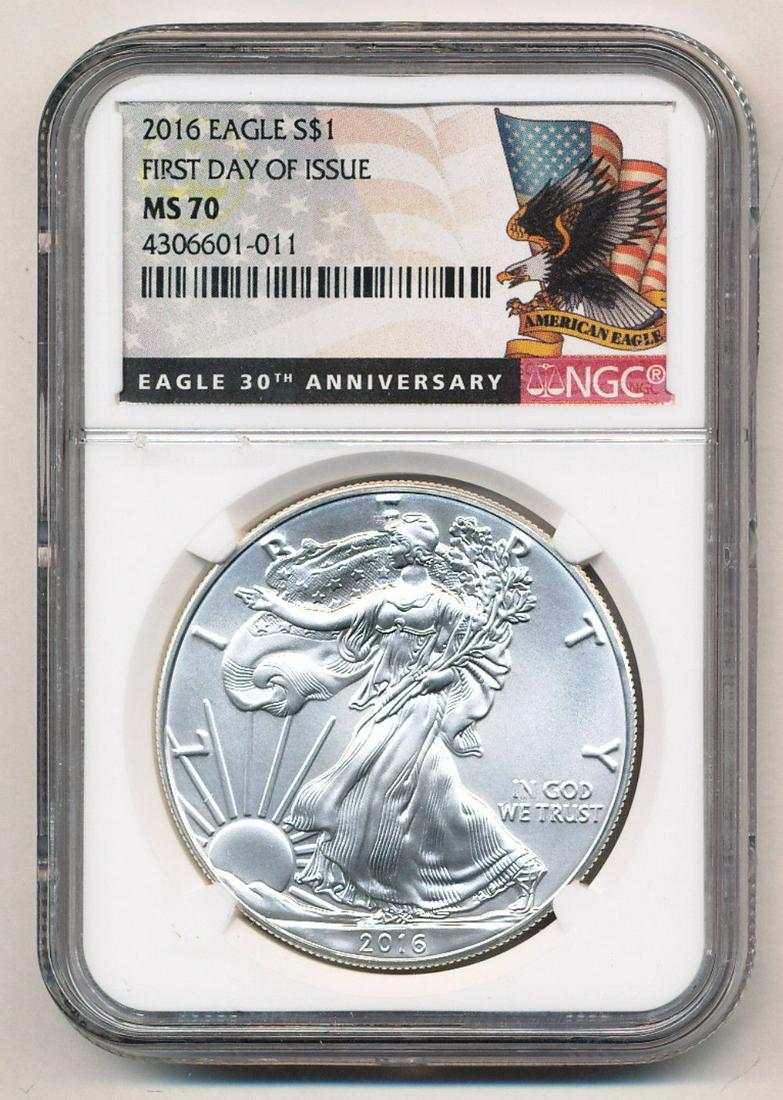 2016 30th Ann. 1st Day Issue Silver Eagle NGC MS70: 2016 30th Anniversary First Day of Issue American Silver Eagle NGC MS70 Winner shall receive a coin precisely resembling the one shown here.(EM/PR)