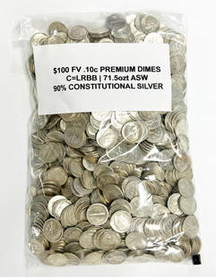 $100 FV (1000-coins) 90% Silver Mixed Dimes Premium: Winner shall receive 1 bag containing $100 Face Value (1000 - 90% Silver Dimes). Each bag is exactly 71.5 troy oz. of Aggregate Silver Weight (ASW). This is considered "constitutional silver". The amo