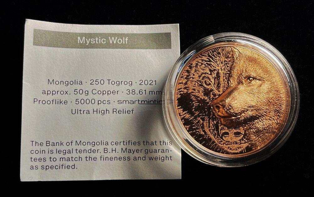 2021 Mongolia Mystic Wolf 50g Copper 250 Togrog Coin PL: Winner shall receive the exact coin shown here. (EM)