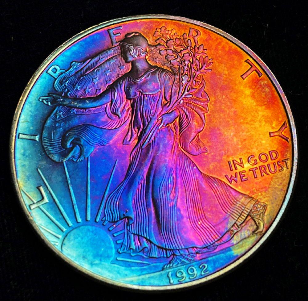 Stunning Rainbow Toned 1992 American Silver Eagle (1 of 4)