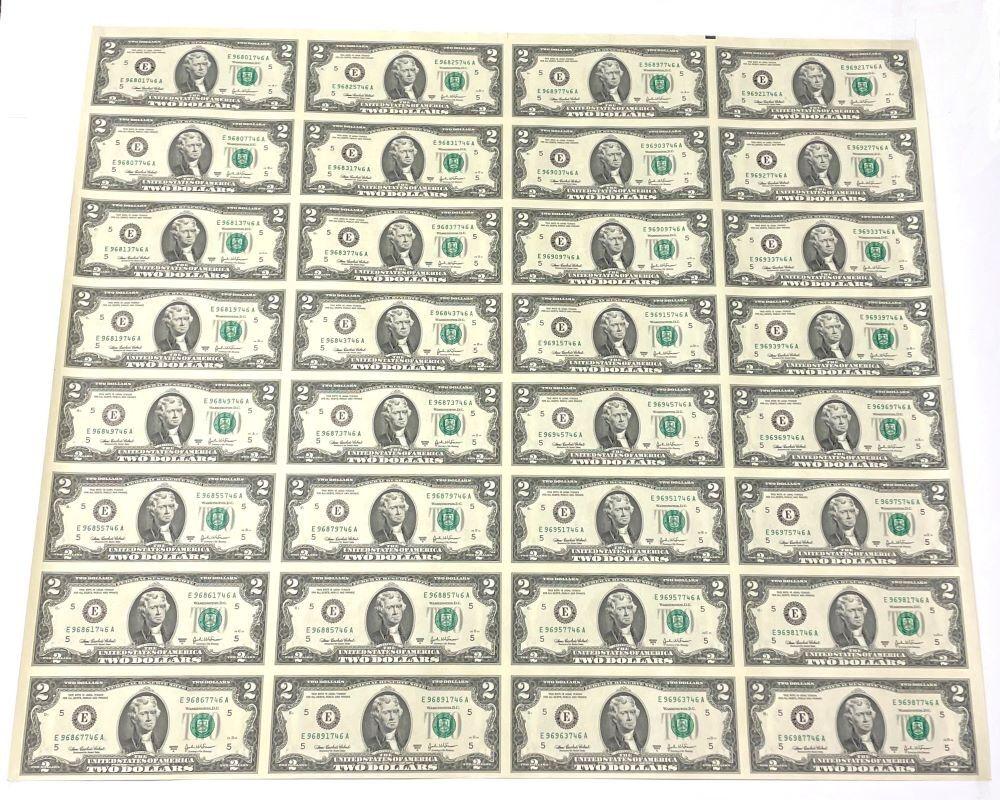 Uncut Sheet of (32) $2 Bill (FV $64) (1 of 3)