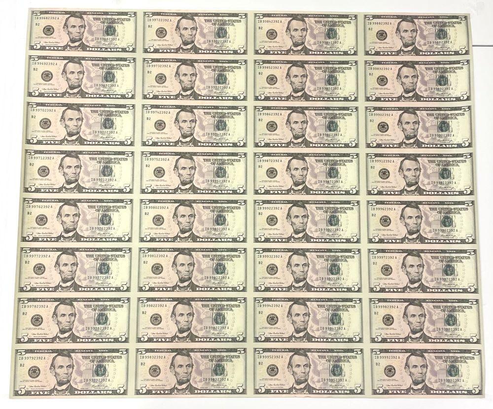 Uncut Sheet of (32) $5 Bill (FV $160): Winner shall receive the exact item shown here. (JM)