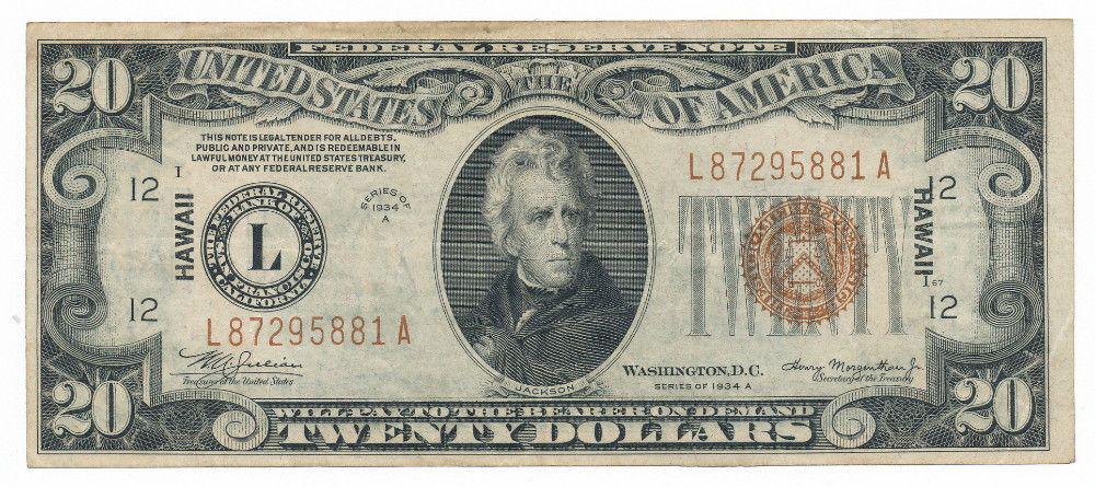 LAST MINUTE! Hawaii Overprint $20 FRN VF: A substantial currency collection that was consigned just late last week in Miami is our last minute edition super deal in this months auction. Winner shall receive the exact currency shown here. (IS/