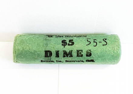 FR Bank BU Roll (50-coin) 1955-S Silver Roosevelt Dimes: Federal Reserve Bank of San Francisco Wrapped 1955-S BU Roll (50-coins) 90% Silver Roosevelt Dimes. Miraculously, these rolls came to us untouched after sitting in the San Francisco Federal Reserve