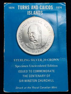 1974 Turks & Caicos Sterling Slvr 20 Crowns 1.26 oz ASW: 1974 Turks And Caicos Sterling Silver 20 Crowns (1.26 oz ASW). Winner shall receive the exact coin shown here. (IS)