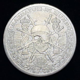 1 oz Silver Shield 8 Pieces Pirate: This coin consists of 8 - 1/8 pieces of silver conjoined within one pirate coin. Winner shall receive the exact coin shown here. (IS)