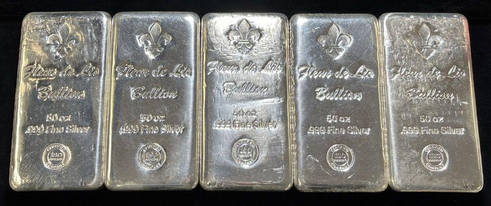 (10) 50 ozt .999 Fine Silver Fleur De Lis Bullion Bars (1 of 9)