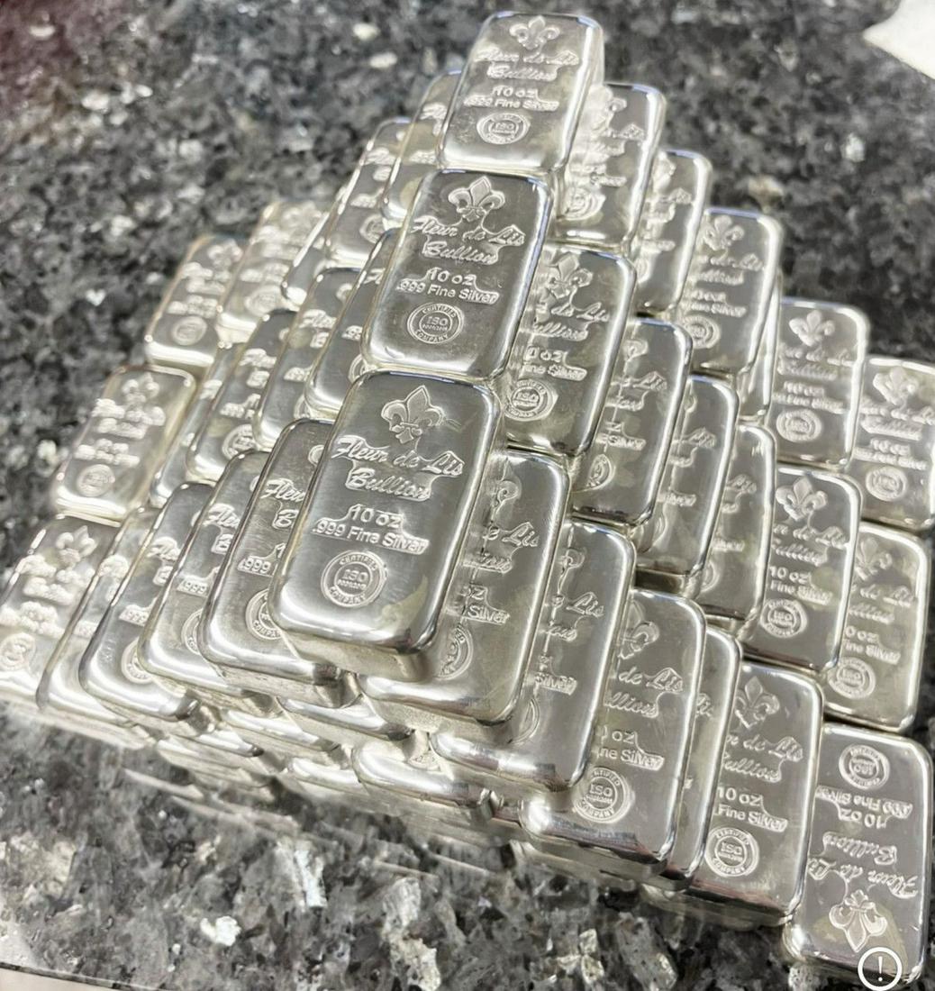 (10) 10 ozt .999 Fine Silver Fleur De Lis Bullion Bars (1 of 5)