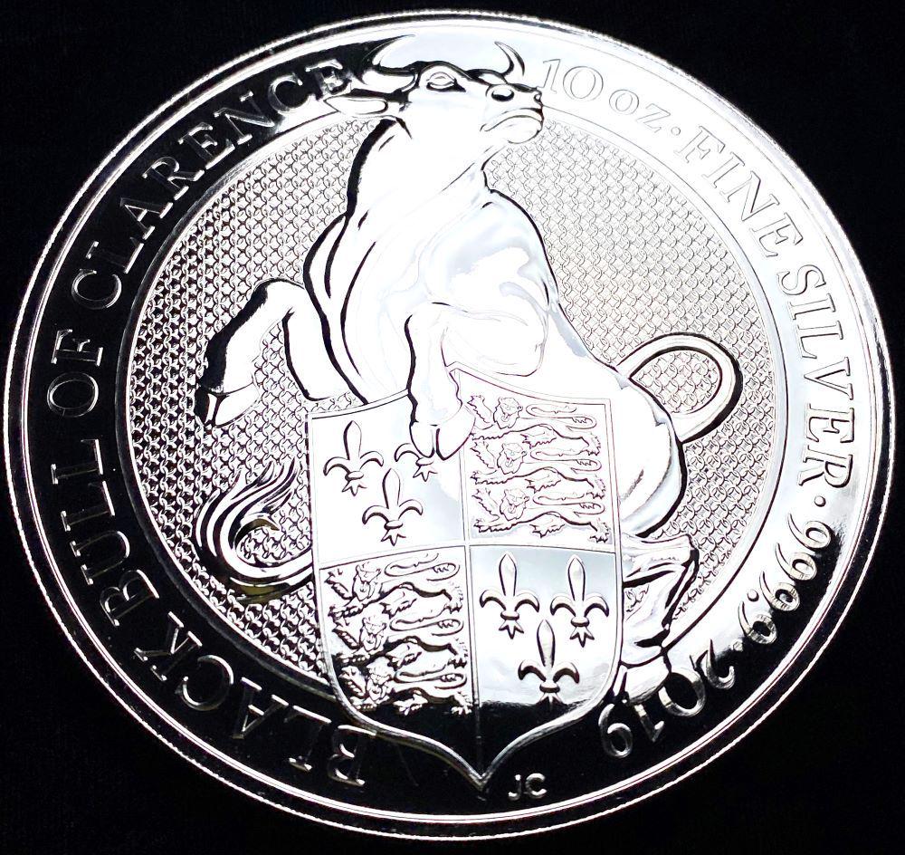 2019 10ozt G.B. Queen's Beasts Black Bull Clarence Slvr: 2019 10 ozt Great Britain Queen's Beasts Black Bull Of Clarence SilverWinner shall receive the exact coin shown here. (RR)