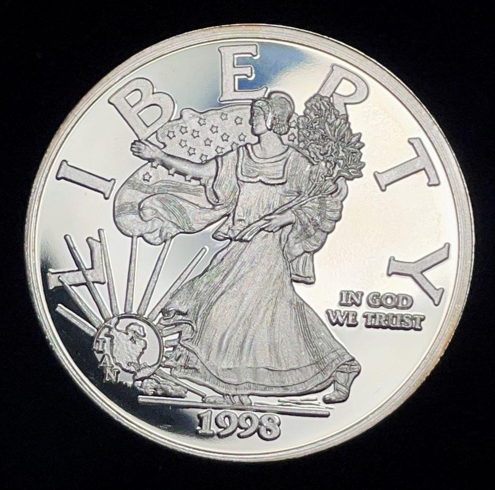 1998 1 ozt Proof .999 Silver Walking Liberty Design IAN: Winner shall receive the exact coin shown here. (JM/UI)