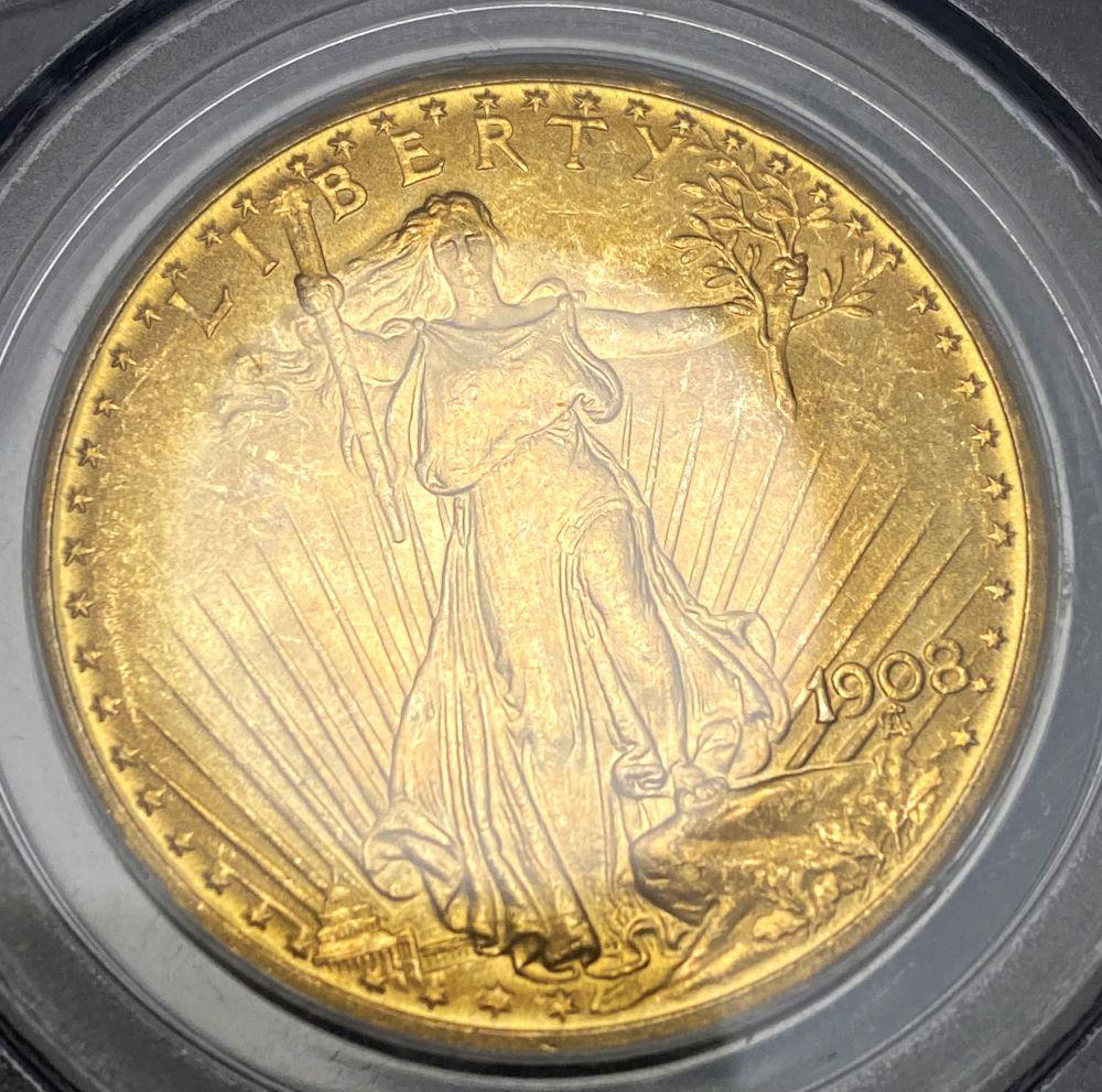1908 $20 Gold St. Gaudens PCGS MS65 No Motto: 1908 $20 Gold St. Gaudens PCGS MS65 No Motto Rive d'Or CollectionWinner shall receive the exact coin shown here. (RR)