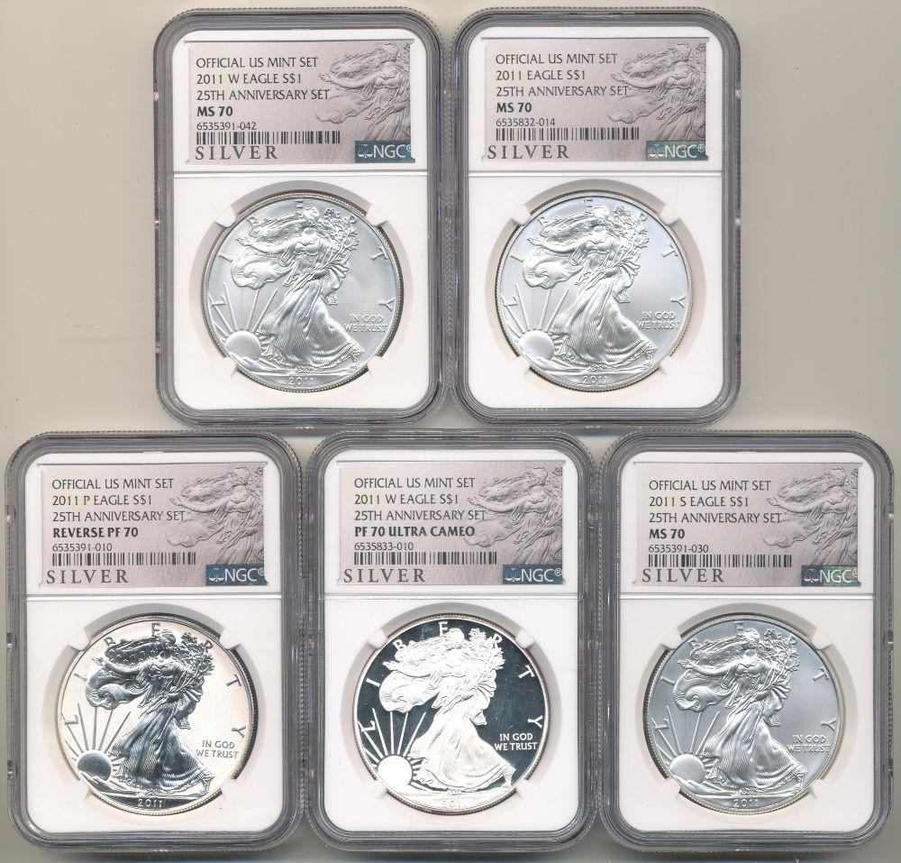 2011 American Slvr Eagle 25th Ann. NGC MS70(5-coin set) (1 of 12)