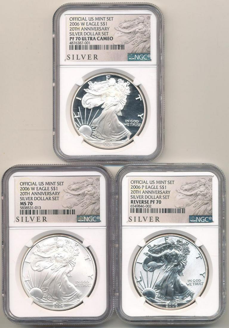 2006 American Slvr Eagle 20th Ann. NGC MS70(3-coin set) (1 of 8)