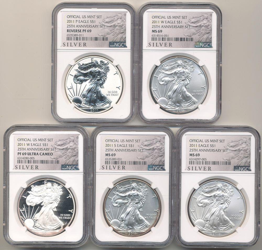 2011 American Slvr Eagle 25th Ann. NGC MS69(5-coin set): 2011 American Silver Eagle 25th Anniversary NGC MS69 (3-coin set)Winner shall receive (5) coins precisely resembling the ones shown here. (RR/OBB)