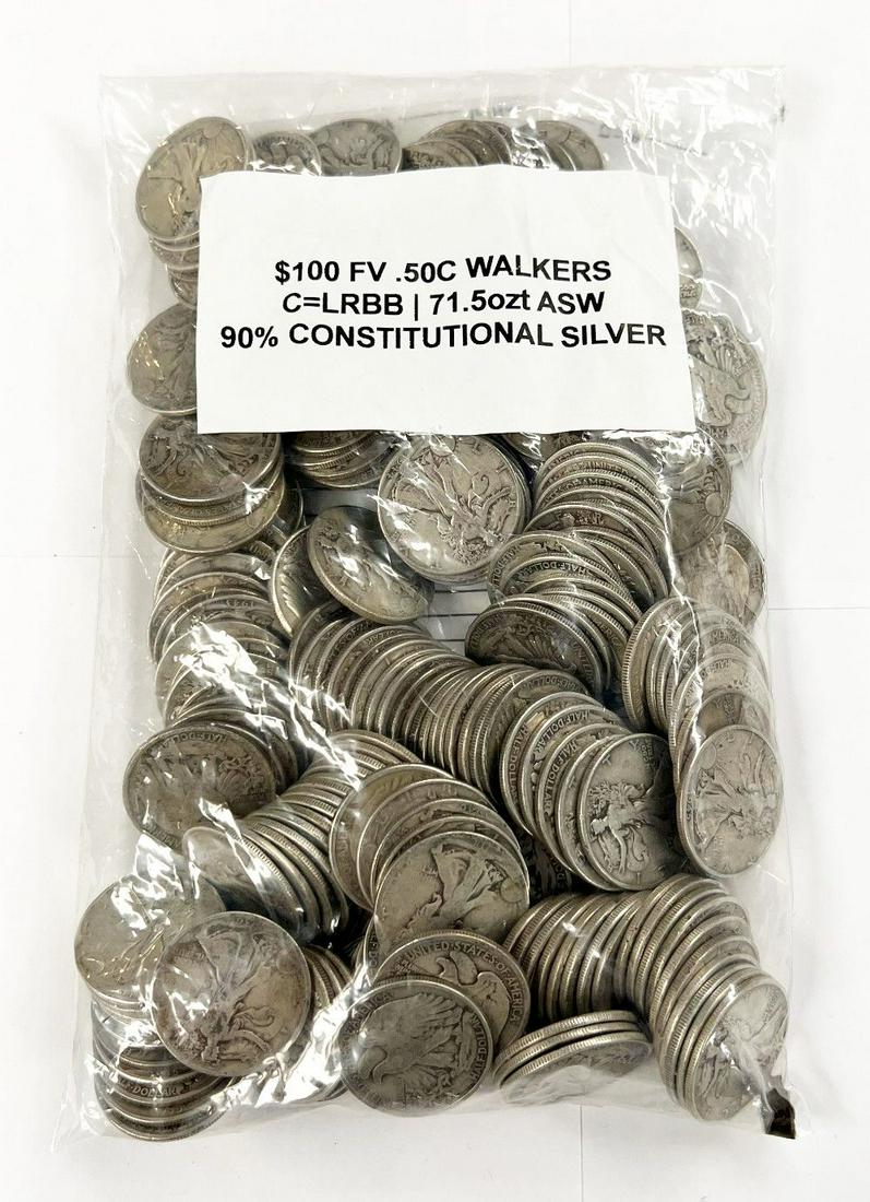 $100 FV Sealed Evidence Bag 90% Silver Walkers 50C: This bag contains $100 Face Value or (200-coins). These are Walking Liberty 90% Silver Half Dollars minted between 1916 and 1947.