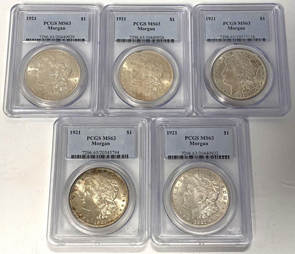 (5) 1921 PCGS MS63 Morgan Silver Dollars (1 of 7)