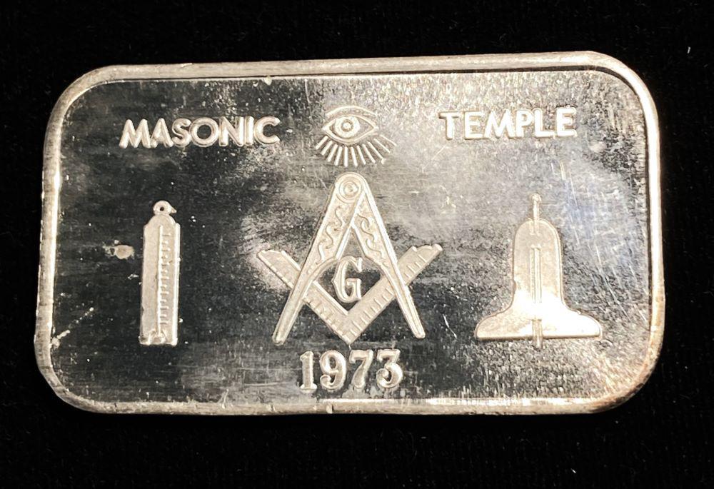 1 ozt Masonic Temple Mother Lode Mint .999 Silver Bar: Winner shall receive the exact bar shown here. (JM/B)